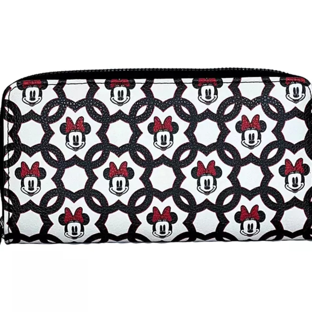 White and red Minnie mouse lattice faux leather zip wallet
